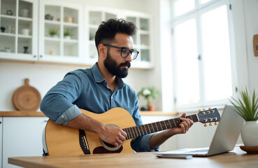 Man plays acoustic guitar at home using laptop. Bearded musician composes song with musical instrument. Man enjoys music hobby. Composer studies online guitar tutorial course in bright room.