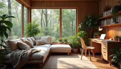 Fototapeta premium Cozy room with sofa and desk overlooking forest. Wood panel walls, many plants, bookshelves full of books. Light streams through large windows creating serene workspace and relax zone.