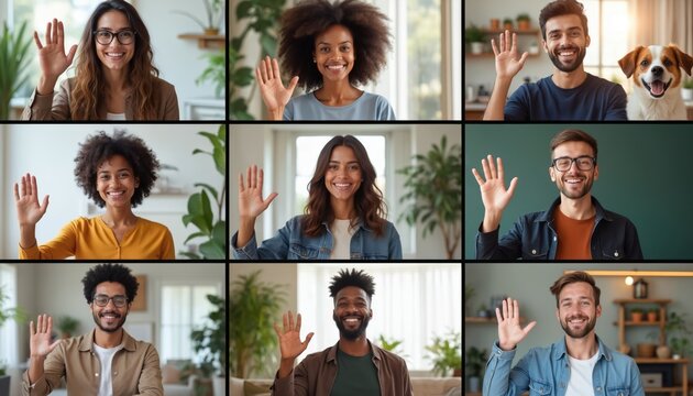 Diverse group of people wave hello on video call screen. Friends and colleagues connect remotely for meetings, classes or chats. A happy dog joins team discussion.