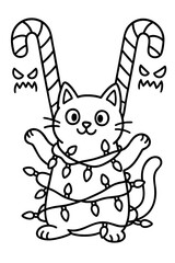 Adorable Christmas Cat Wrapped in Lights and Candy Canes, Holiday Illustration, Cheerful Atmosphere