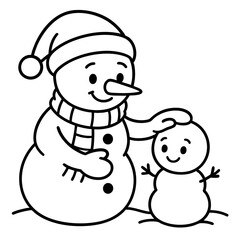 Cheerful Snowman and Child Building Snowman Together in Winter Wonderland - Vector Illustration
