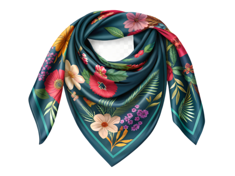 Elegant silk scarf with floral pattern isolated on transparent background