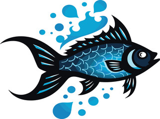 Stylized fish swims through blue water splashes