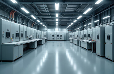Modern industrial engineering lab shows rows of electrical cabinets. Testing benches, monitors, advanced equipment line walls. Clean facility for research, development, control systems. Empty factory