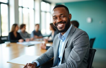 Young smiling black man in suit sits at modern office meeting table. Diverse professionals work on project tasks, engage in dynamic group discussion. Confident businessman, leader, discusses