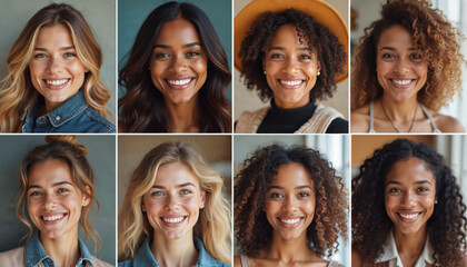 Eight happy diverse women portraits in grid. Different ages, races smile at camera. Female faces express joy, beauty, confidence. Individuals from various backgrounds gather, representing global