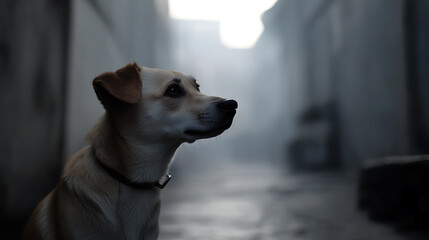 Captivating canine in a mystical alleyway, lost in thought. Dog's intense gaze captures a blend of curiosity & anticipation amid a smoky, atmospheric backdrop. A loyal companion.