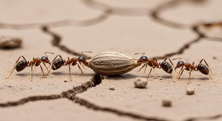 Ants Moving a Seed on Dry Soil
