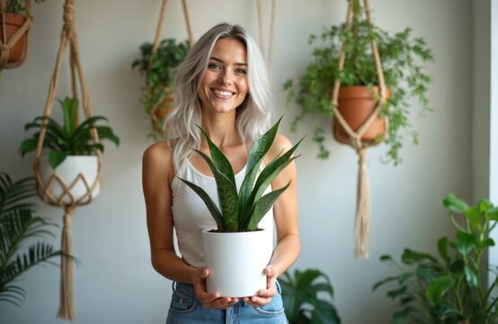 Blonde woman smiles holding indoor houseplant in white pot. Person enjoys urban jungle concept. Female stands near hanging pots with different green plants. Woman promotes home gardening.