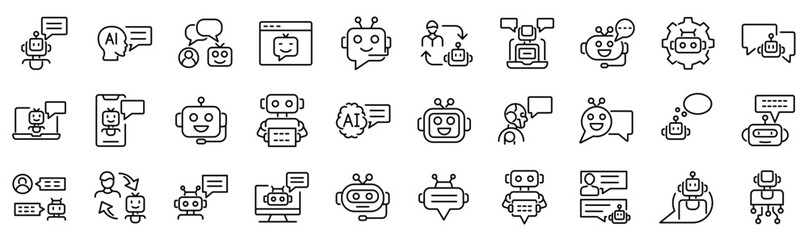 Set of 30 outline icons related to chatbot. Linear icon collection. Editable stroke. Vector illustration
