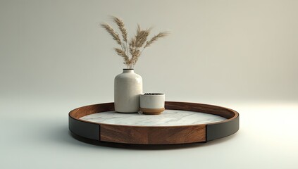 Decorative tray with a vase of dried grass and a small pot.