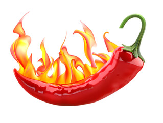 A vibrant red chili pepper engulfed in bright orange and yellow flames isolated on white background