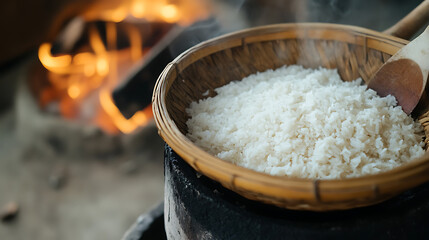 Steaming rice in a woven basket, a warm and comforting scene. The gentle fire adds a touch of rustic charm to the simple yet nourishing dish. A culinary delight.