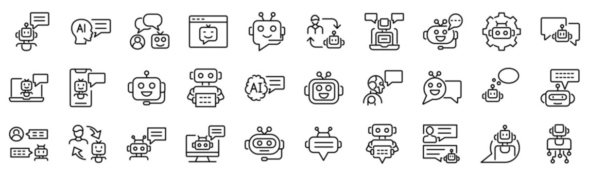 Set of 30 outline icons related to chatbot. Linear icon collection. Editable stroke. Vector illustration