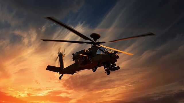 Military helicopter in action against a sunset sky aerial photography dynamic landscape high-altitude perspective airborne forces
