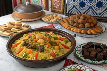 Maghrebi Cuisine Traditional Baklava Sellou Makrout Couscous Chebakia Tagine Ghriba Harira Moroccan Algerian Tunisian Food Authentic Cultural North African Gastronomy Heritage Ramadan Feast Artisanal.
