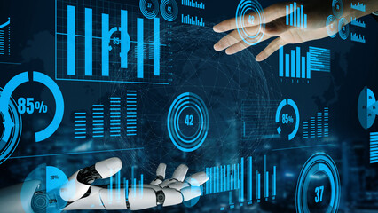 This image illustrates a digital interaction between a human hand and a robotic hand, surrounded by data visualizations, representing the merging of technology and human touch. Xenic