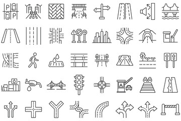 Road infrastructure icon vector set. Icons for highways, construction, traffic, transport, bridges, and road signs, direction, crossroad and more. Vector illustration. 