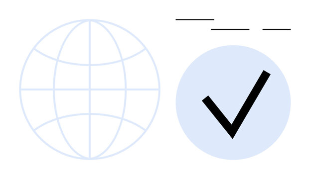 Outlined globe symbol paired with a bold checkmark against a light blue circle. Ideal for themes of global communication, success, online approval, international standards, data accuracy