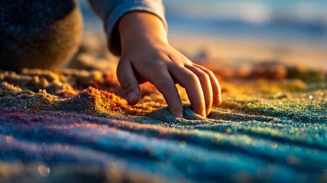 A boy's hand gently explores colorful, textured sand at the beach during sunset. The boy enjoys the vibrant sand, creating patterns with his hand in the golden light.
