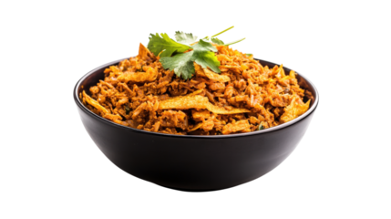 Black bowl of crispy fried onions isolated on a transparent background