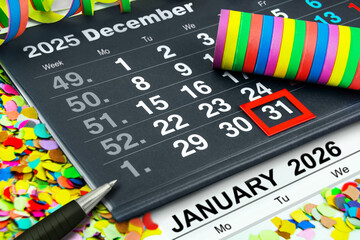 Calendar 2025 and 2026 December 31  New Years Eve and January with Party Decoration