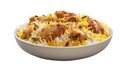 Chicken Biryani in White Bowl isolated on a transparent background