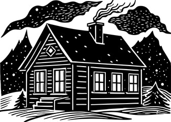 Cozy log cabin vector silhouette in a snowy mountain landscape with smoke rising from the chimney