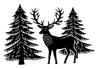 Majestic deer silhouette vector graphic standing among evergreen trees in a serene forest landscape