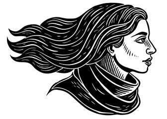 Woman profile vector silhouette with long flowing hair and elegant scarf depicting movement and grace isolated on white.