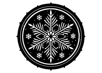 Intricate snowflake vector silhouette in a decorative circular frame featuring a complex winter pattern