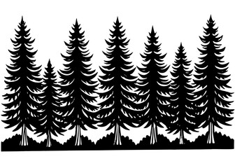 Forest vector silhouette of evergreen pine trees with natural ground line on a white background