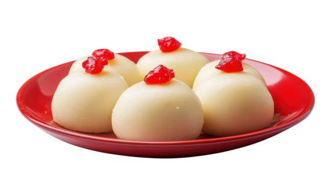 Creamy white desserts with red topping isolated on a transparent background