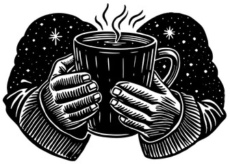 Warm hands holding a hot steaming mug vector silhouette illustration against a starry night sky background