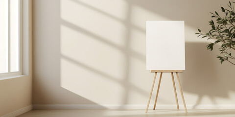 Sun-drenched studio interior with a blank canvas on a wooden easel. The scene evokes creativity and calm with natural light and a plant accent. Minimalist art space.
