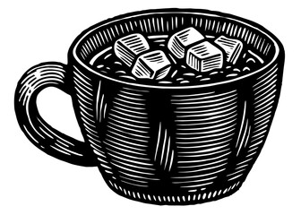 Warm beverage cup vector silhouette featuring sugar cubes in a traditional engraving style isolated on white