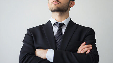 A confident businessman stands with arms crossed, exuding professionalism and success. His attire features a sharp suit and tie, showcasing his attention to detail and sophistication.