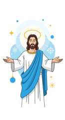 Cartoon jesus christ illustration with halo and open arms for christmas card on transparent background