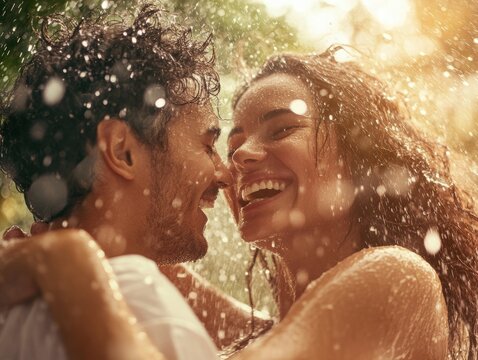 Joyful couple enjoying a romantic moment in the rain while smiling and embracing with sunlight filtering through the trees