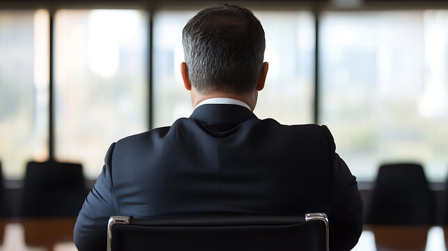 Back view of a businessman in a meeting room, symbolizing leadership, strategy, and decision-making in the business world. Minimalist composition with a focus on the man's posture.