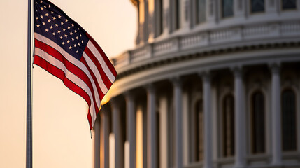 Fototapeta premium Majestic view of the nation's Capitol building at golden hour, with a waving flag of the United States symbolizing patriotism, government, and historical landmarks.