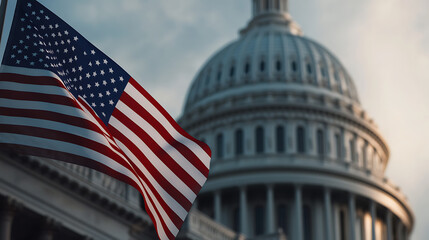 United States flag with Capitol Building on the background symbolizing American democracy and governance. National pride and patriotic symbol in Washington DC.