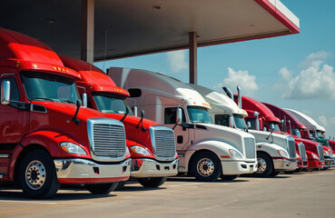 Many semi trucks stand in row at gas station. Commercial transport vehicles waiting for refuelling in stopover. Cargo logistic automobile fleet parked under roof. Trucking industry. Road transport