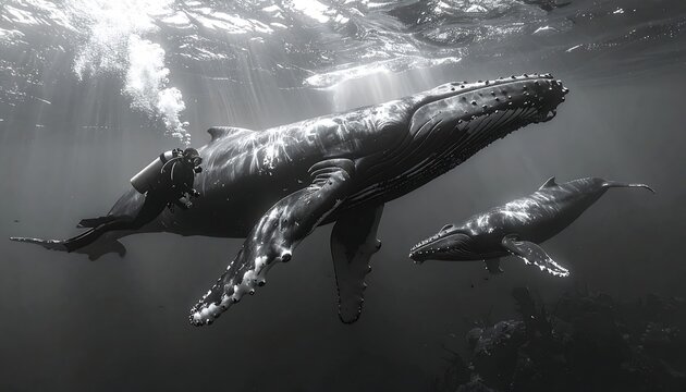 Grayscale shot of a diver near two humpback whales swimming gracefully underwater in sunlit ocean