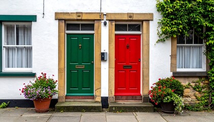 Naklejka premium Green & red doors on a quaint building, framed by stone & foliage; windows & flower pots add charm