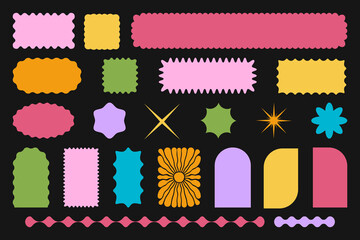Set of colorful star and sun, arch and rectangle, square, oval and circle shapes. Cute y2k forms with scalloped borders on black background. Empty boxes, tags or labels. Vector flat illustration.