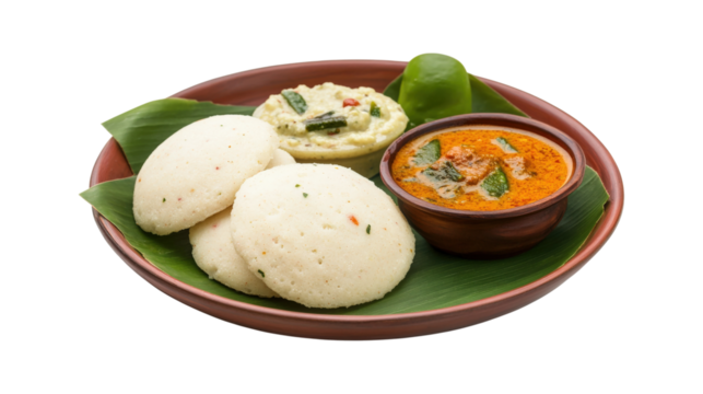 Idli sambar and chutney on banana leaf isolated on a transparent background