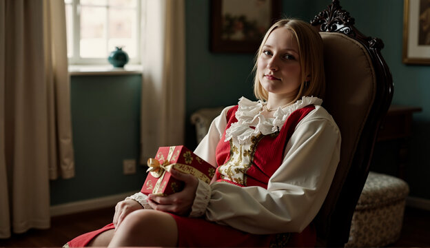 a woman in a red and white dress sitting in a chair, holding a gift box in her hands. In the background, there are frames attached to the wall, a window