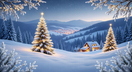 Winter christmas landscape with christmas trees and snow covered house scene on transparent background