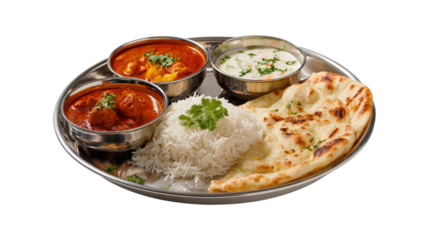 Indian Thali Meal with Curries Rice and Naan isolated on a transparent background